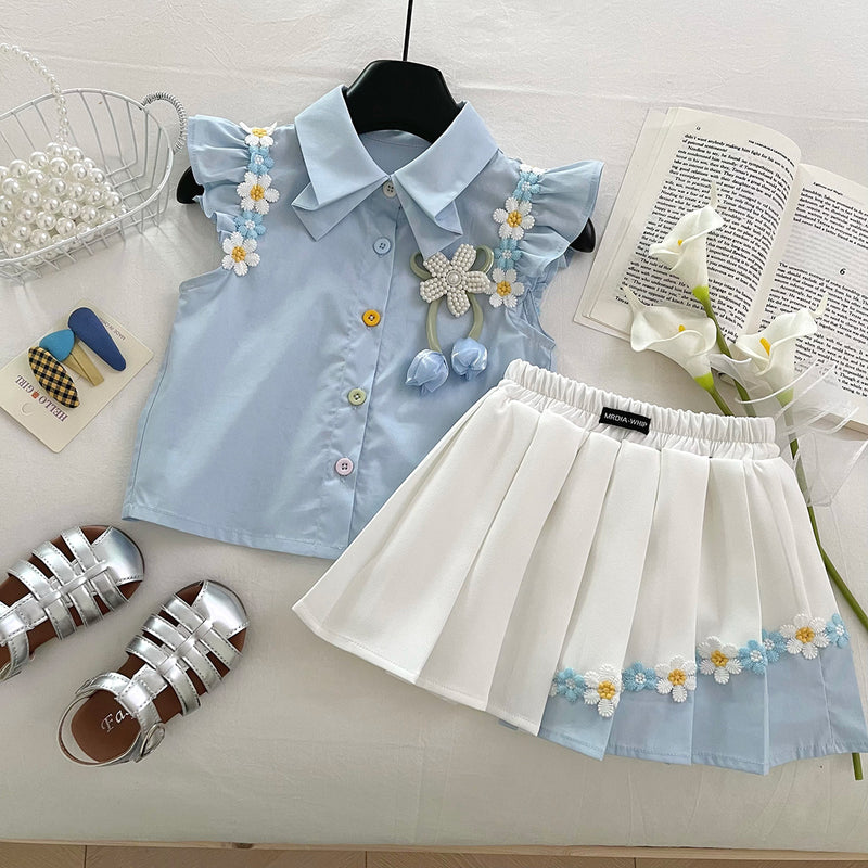New Summer Baby Flower Top Pleated Skirt Two Piece Set