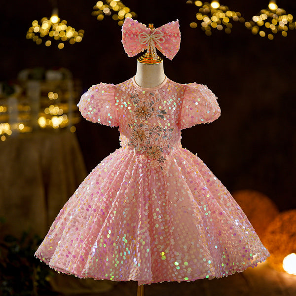 Baby Girl  Pink Sequins First Communion Dress Toddler Birthday Princess Dress
