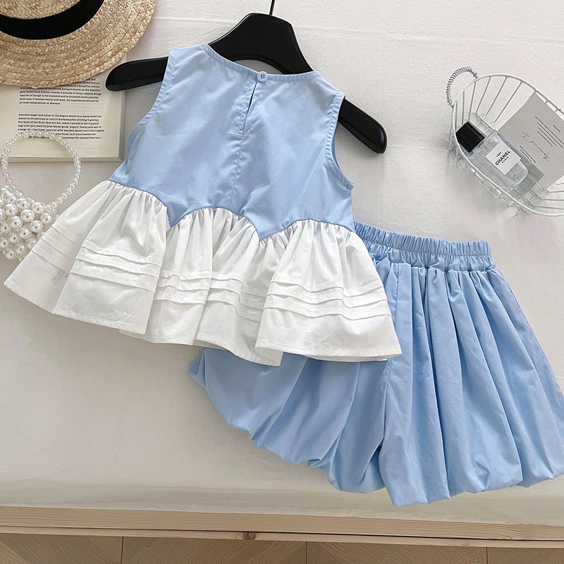 Summer Girls Fluffy Shorts Set Spliced Flower Top Two-piece Set