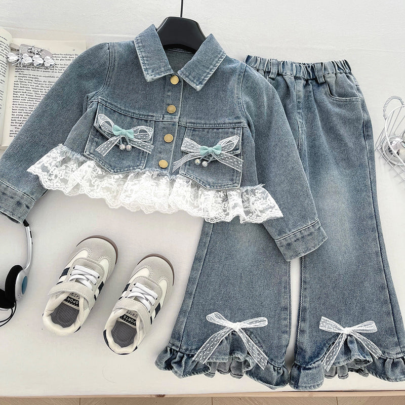 Girls' Lace Denim Jacket and Flared Jeans Two-Piece Set