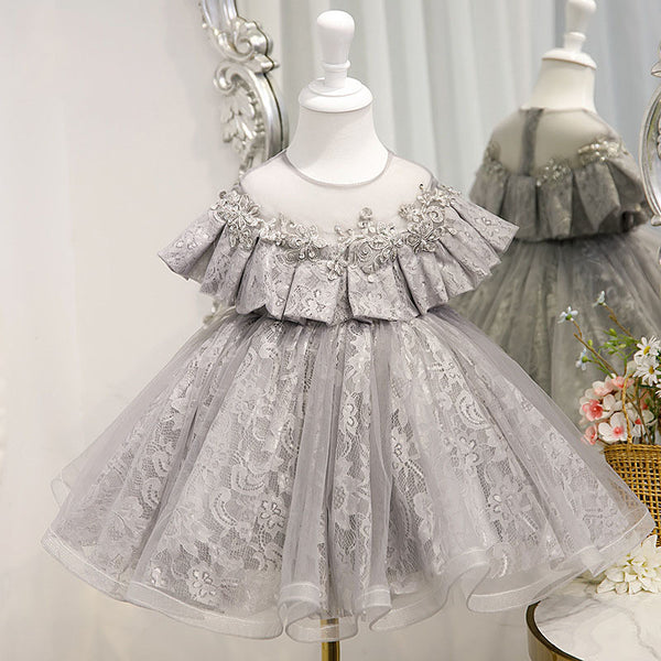Cute Baby Girl Gray Sequin Pattern Mesh Birthday Princess Dress Toddler Flower Girl Fluffy Dress