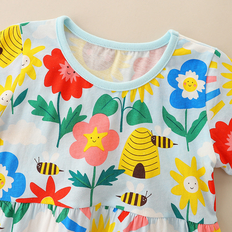 Summer New Girls Knitted Cartoon Round Neck Princess Dress