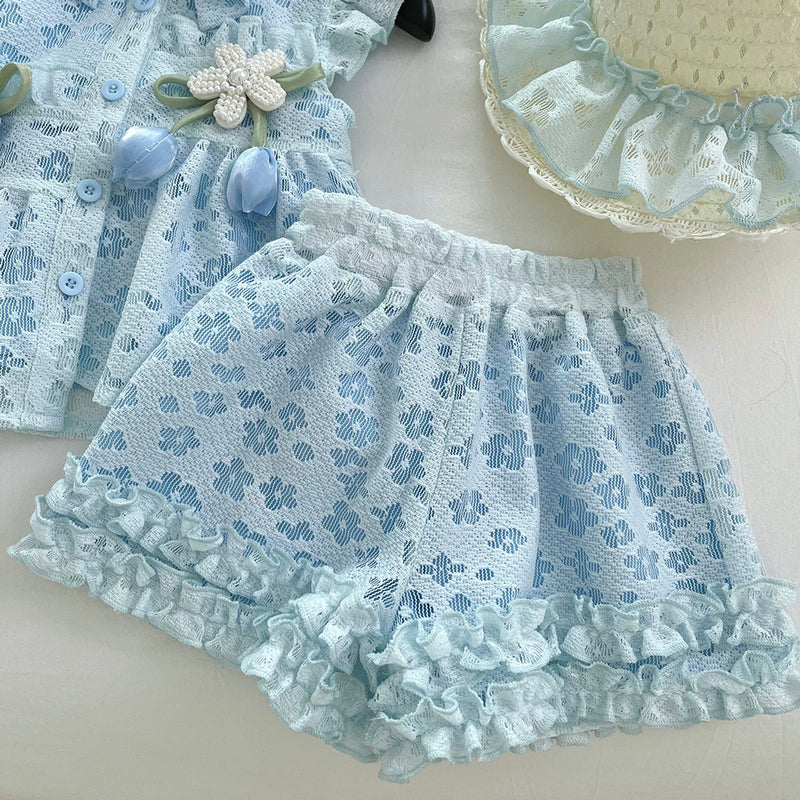 Girls Summer New Style Flying Sleeve Top Flower Lace Shorts Two-piece Set