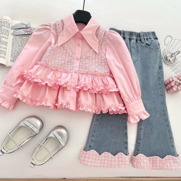 Girls' Fake Two-Piece Shirt Vest Lace Jeans Two-Piece Set