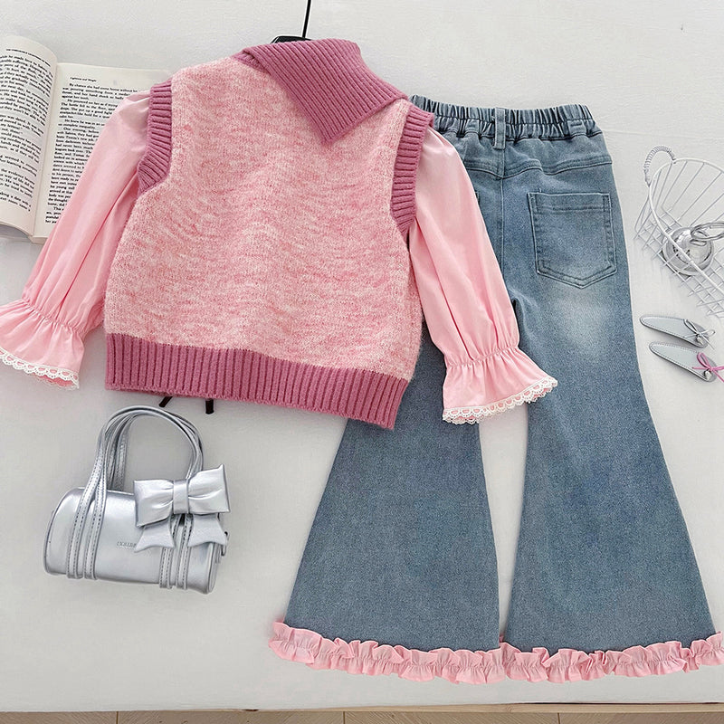 Girls' Autumn Floral Vest Shirt and Flared Jeans Three-Piece Set
