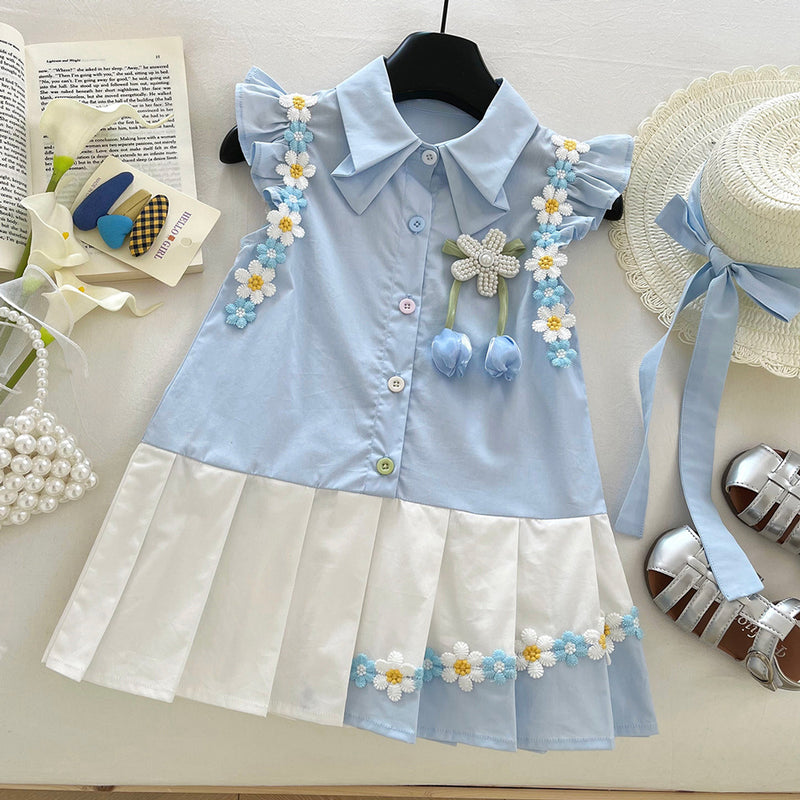 Girls Summer Flying Sleeve Flower Pleated Colorblock Princess Dress