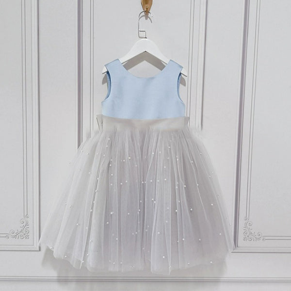 Girl Formal Blue Princess Dress Flower Girl Wedding Bow Dress