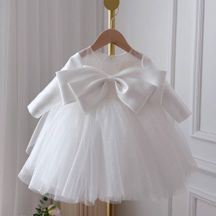 Cute Baby Long-sleeved Oversized Bow White Gauze Dress Toddler Birthday Princess Dress