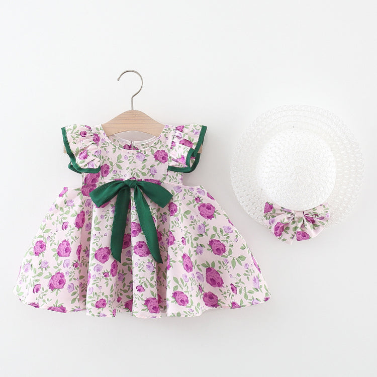 Baby Girl Dress Bow-knotted Floral Dress with Flying Sleeves