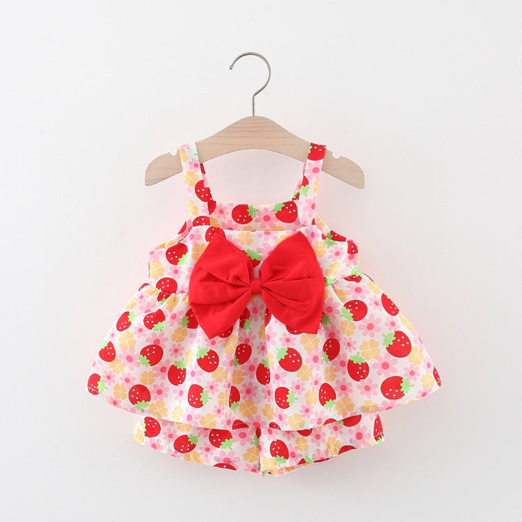 Summer Baby Girl Strawberry Print Bow-knot Suspender Suit