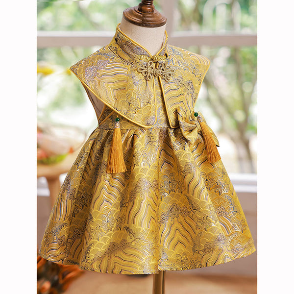 Elegant Baby Girls Yellow Pattern Button Bow Princess Dress Toddler Catwalk Model Dress