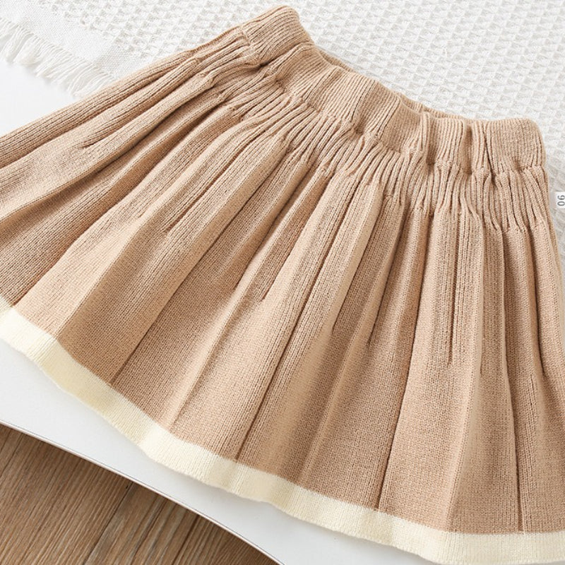 Girls' Solid Color Bow-knit Sweater Short Skirt Two-piece Set