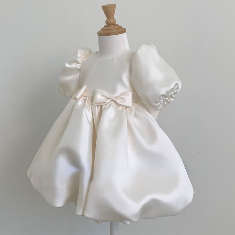 Elegant Baby Girl White Puff Sleeve Bow Cake Dress Toddler Party Dresses