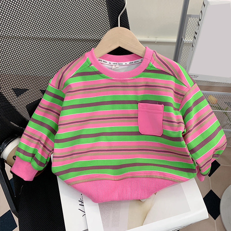 Cute Baby Girl's Two-piece Set of Contrasting Striped Straight Pants