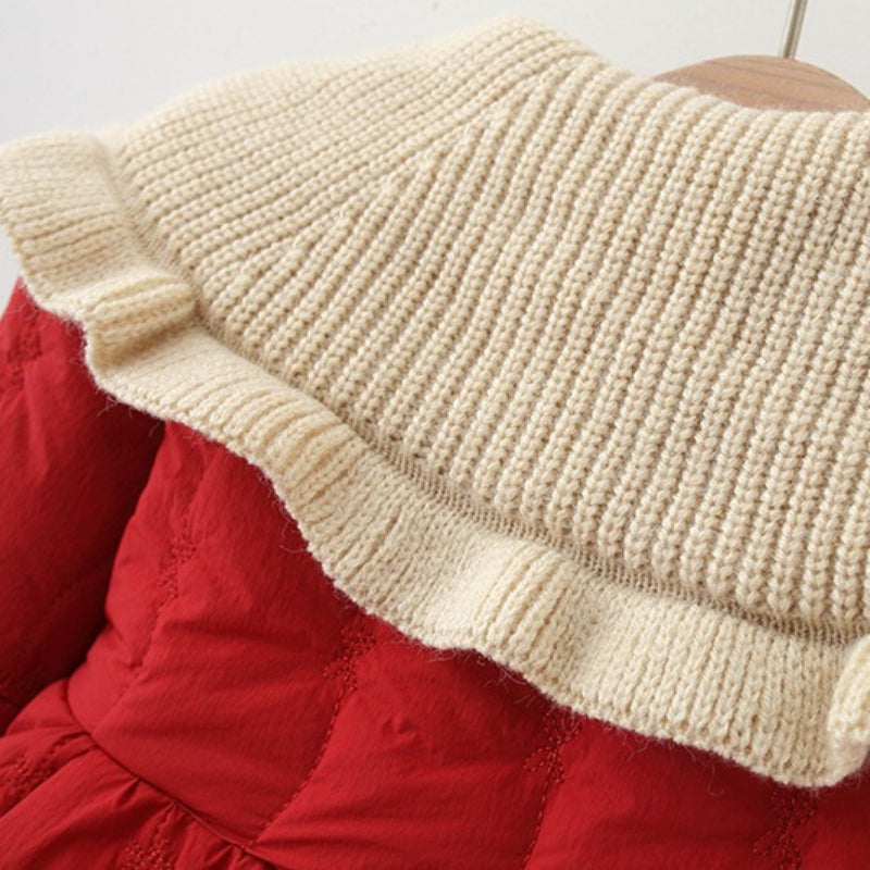 Girls' Winter Floral Lapel Collared Cotton Coat