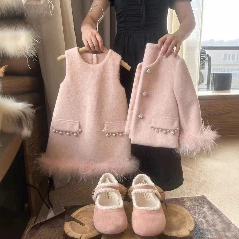Children's Warm Wool Coat Vest Dress Two-Piece Set