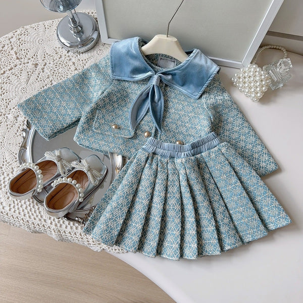 Girls' Cute Autumn Jacket and Pleated Skirt Two-piece Set