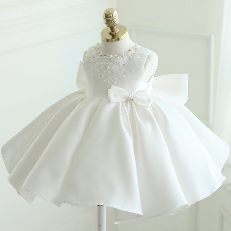 Toddler Birthday Party Wedding Baptism Dresses Bow Bead Princess Dress