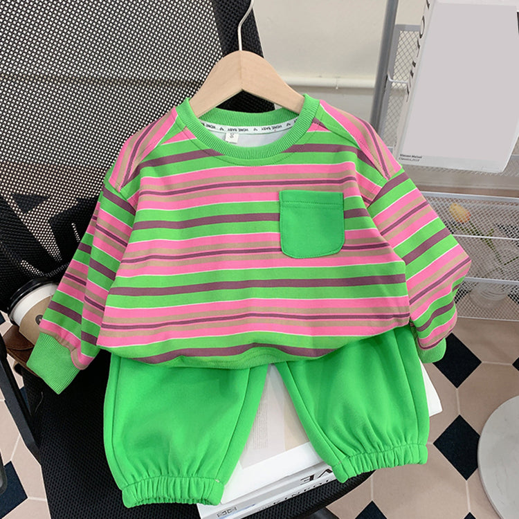 Cute Baby Girl's Two-piece Set of Contrasting Striped Straight Pants