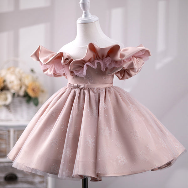 Elegant Baby Girls One Shoulder Pink Puffy Princess Dress Toddler Baptism Dresses