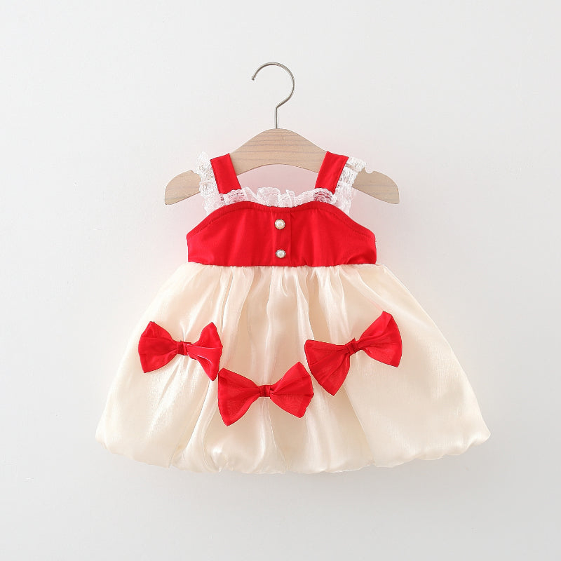 Baby Girl Bow Stitching Color Contrast Cute Dress