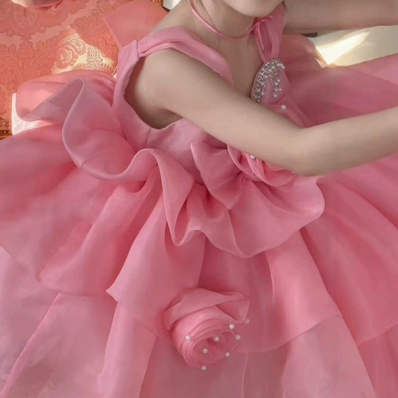 Children's Pink Rose Birthday Princess Dress Flower Girl Fluffy Dress