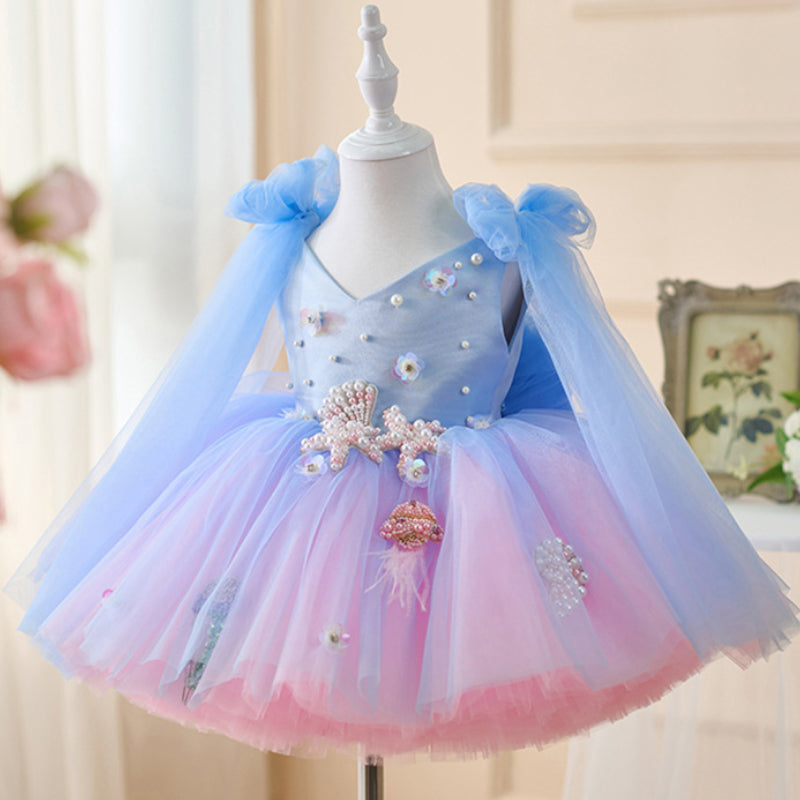 Girls Blue Ball Princess Dress Girls Birthday Suspender Dress