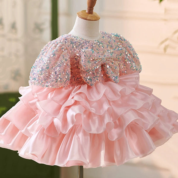 Elegant Baby Sequined Pink Flower Girl Wedding Dress Puffy Dress Toddler Beauty Pageant Dress