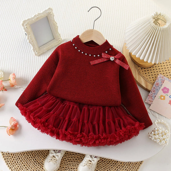 Girls Christmas Knitted Cardigan Mesh Tulle Tutu Skirt Two-Piece Set