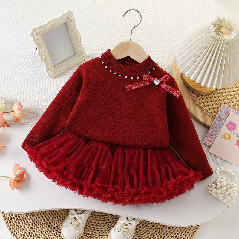 Girls Christmas Knitted Cardigan Mesh Tulle Tutu Skirt Two-Piece Set