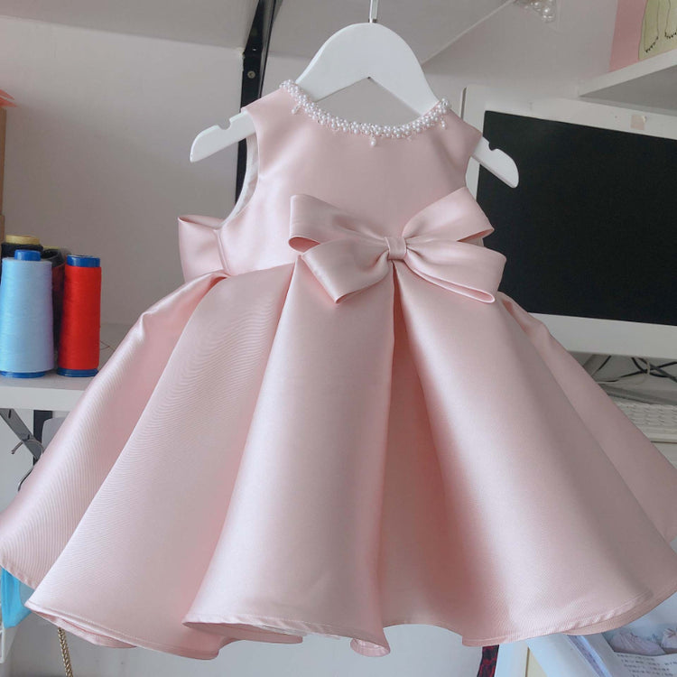 Baby Girl Birthday Party Bead Collar Sleeveless Bow-knot Princess Dress