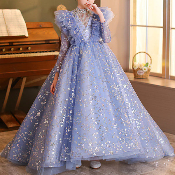 Blue Girls Evening Dress Princess Dress Children Wedding Dress Trailing Dress