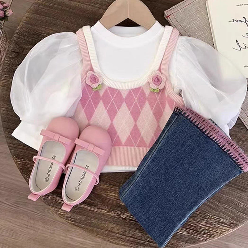 Cute Baby Girl Puff Sleeve Three-piece Set