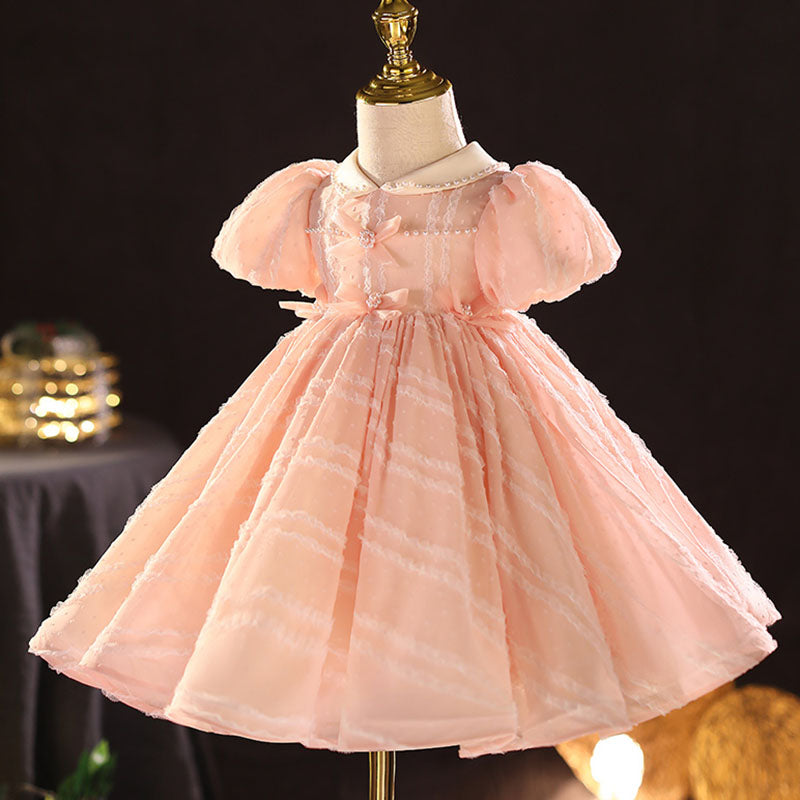 Sweet Baby Pink Puff Sleeve Doll Collar Princess Dress Toddler Bow Flower Girl Dress