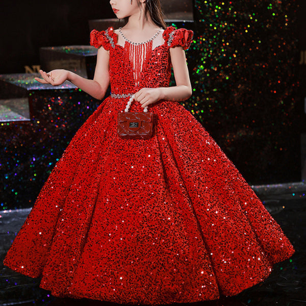 Girl Christmas Dress Children's Host Dress Princess Dress Tutu Skirt Girls Catwalk Sequins Dress