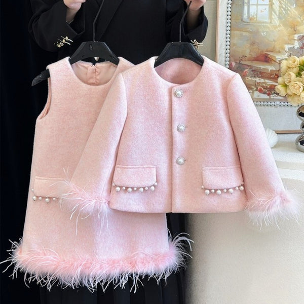 Girls' Winter Princess Coat Vest Dress Two-piece Set