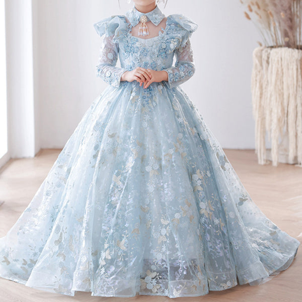 Girls Blue Birthday Party Dress Flower Girl Wedding Princess Dress