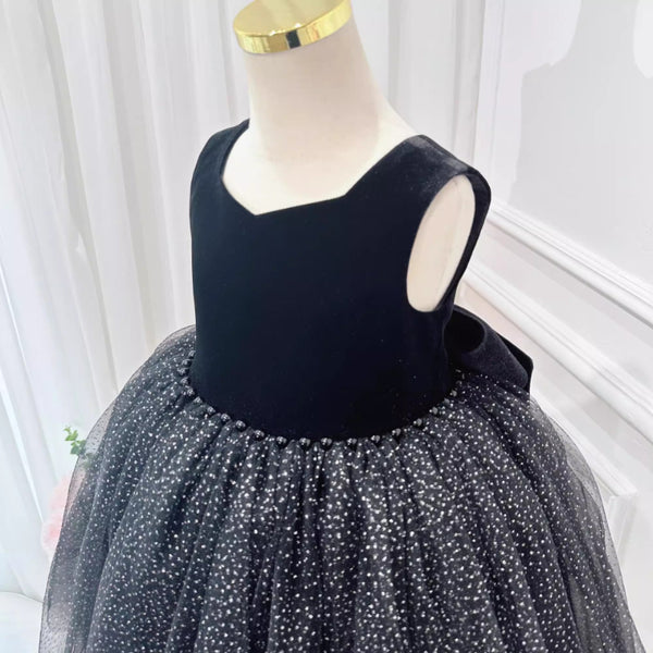 Elegant Baby Girl Black Sleeveless Backless Sequined Puff Dress Toddler Prom Dress