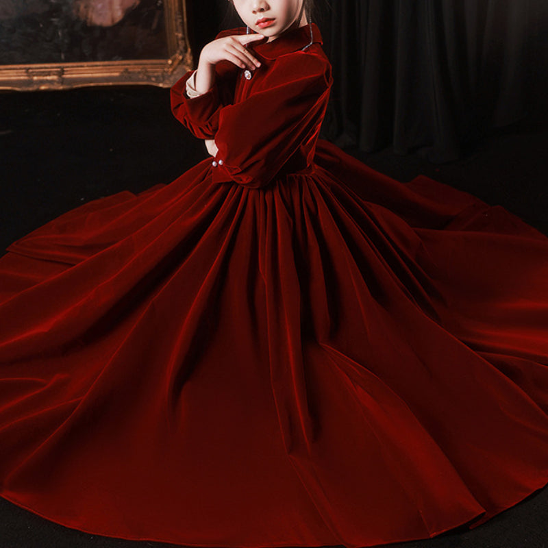 Girls Long Sleeve Red Princess Dress Flower Girl Wedding Dress – marryshe