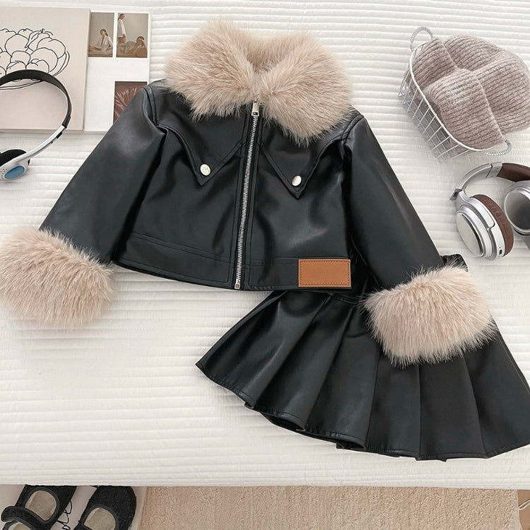 Girls' Winter PU Leather Pleated Skirt Two-Piece Set