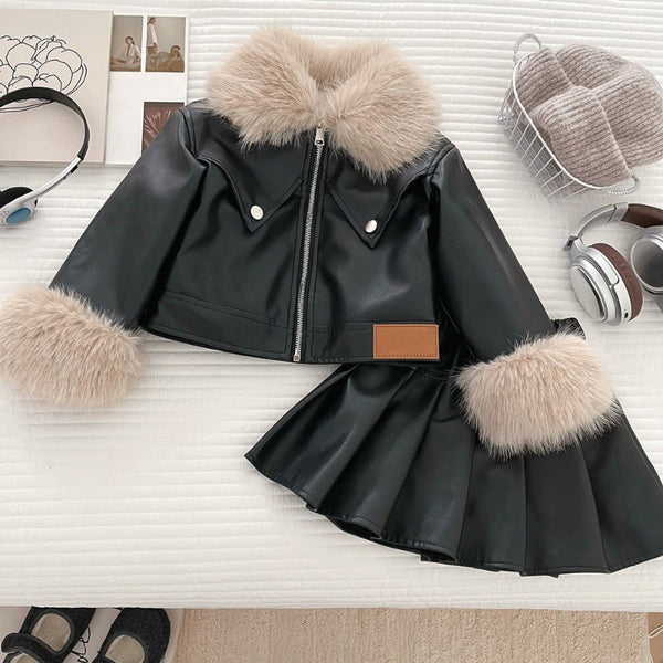 Girls' Winter PU Leather Pleated Skirt Two-Piece Set