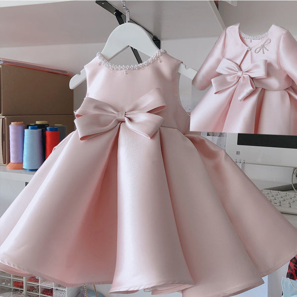 Baby Girl Birthday Party Bead Collar Sleeveless Bow-knot Princess Dress