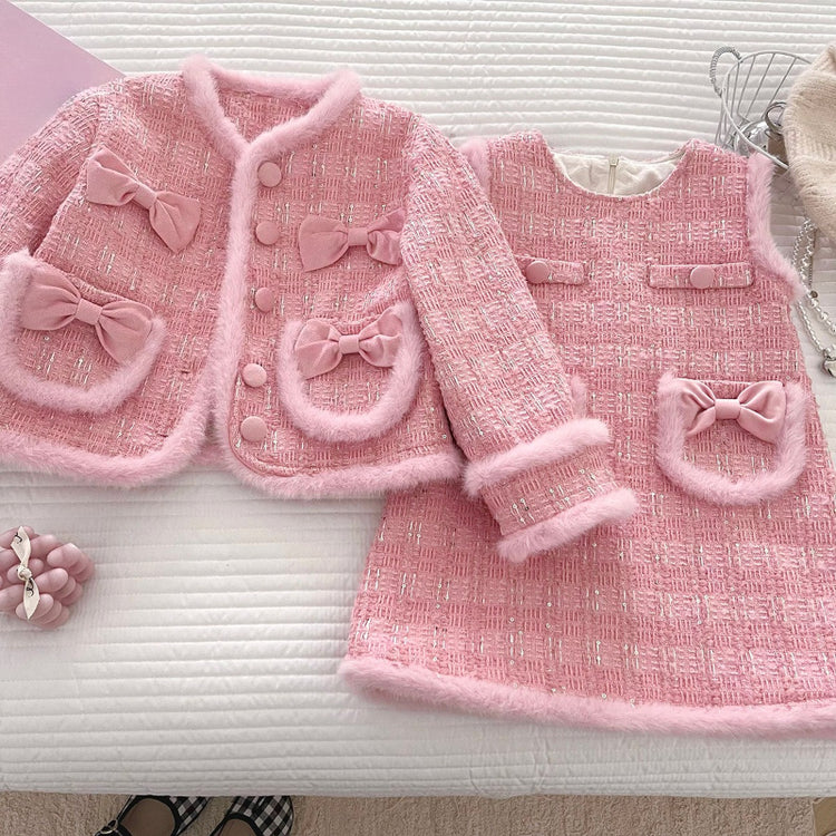 Girls New Winter Coat Vest Dress Two-piece Set