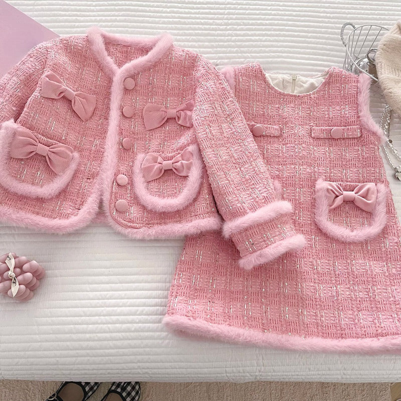 Girls New Winter Coat Vest Dress Two-piece Set