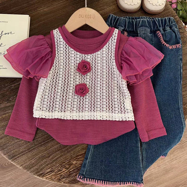 Cute Girls' Three-piece Autumn Flower Set