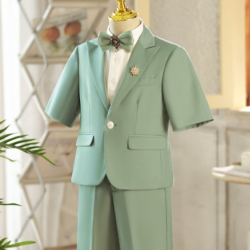 Boys Summer Gentleman Bow Tie Green British Suit Set