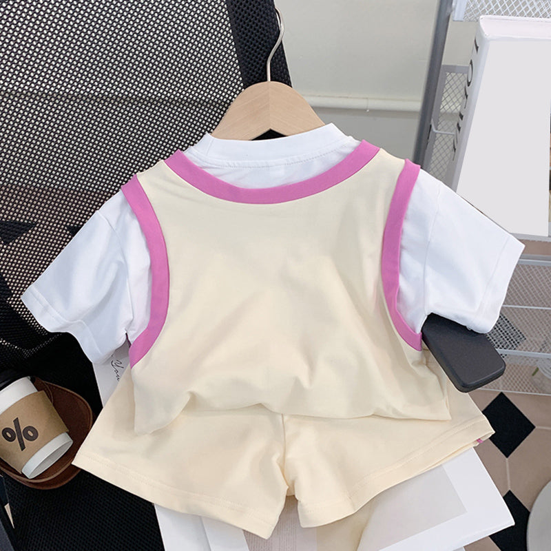 Cute Baby Girl Fake Two-piece Short-sleeved Top and Shorts Two-piece Set