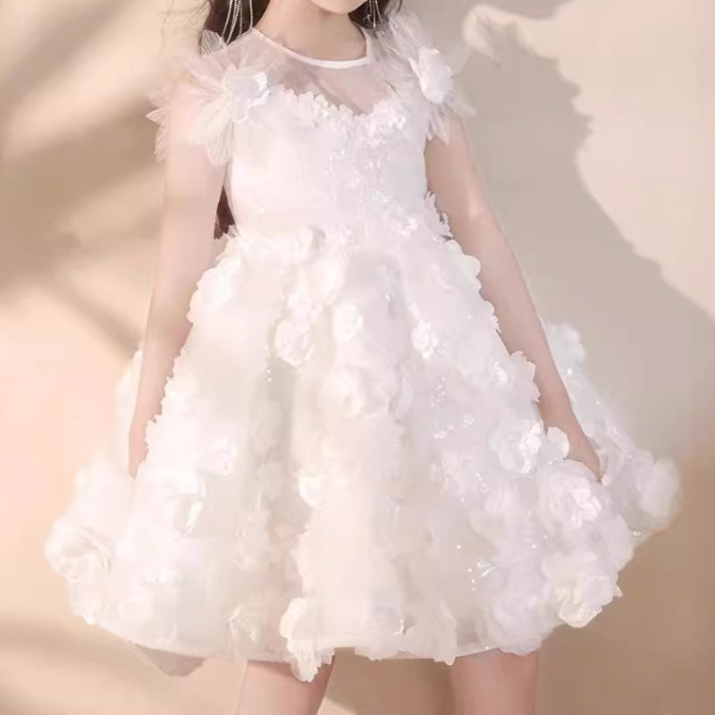 Girls Birthday Puff Princess Dress Flower Girl White Wedding Dress