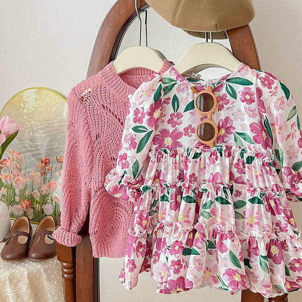 Baby Girl Autumn Knitted Cardigan Floral Dress Two-piece Set