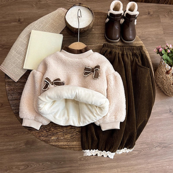 Girls' Autumn New Fleece Top and Pants Two-piece Set